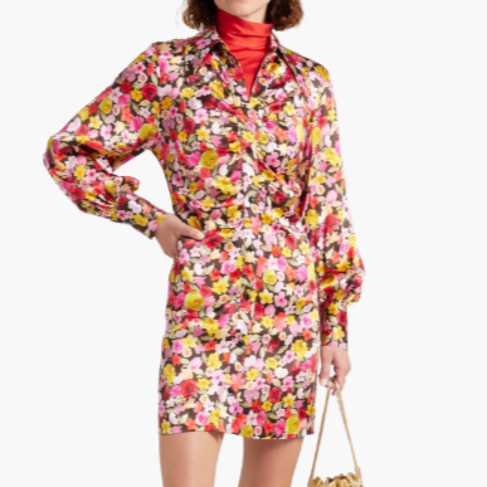 Ruched Floral-print Silk-blend Satin Mini Shirt Dress from GANNI
